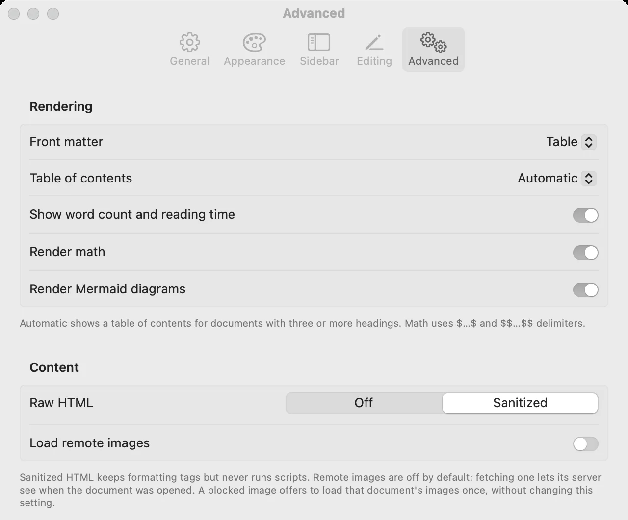 The Advanced pane: front matter as a table, automatic table of contents, word count, math and Mermaid switches, raw HTML set to Sanitized, and the Load remote images switch, off by default.