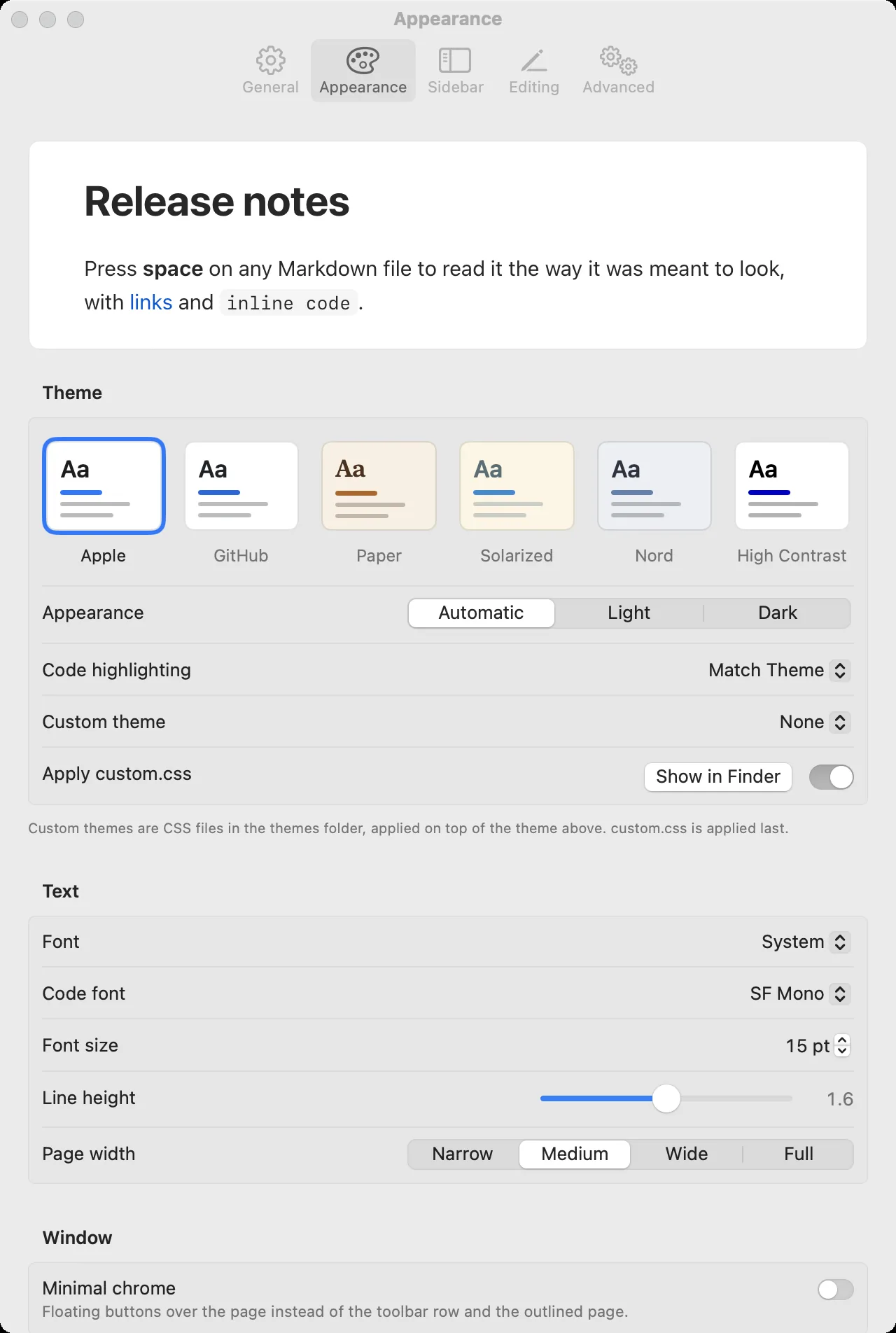 The Appearance pane: a live preview above six theme cards (Apple, GitHub, Paper, Solarized, Nord, High Contrast), Automatic, Light or Dark appearance, code highlighting, custom theme, font, code font, size, line height and page width, and a Minimal chrome switch.