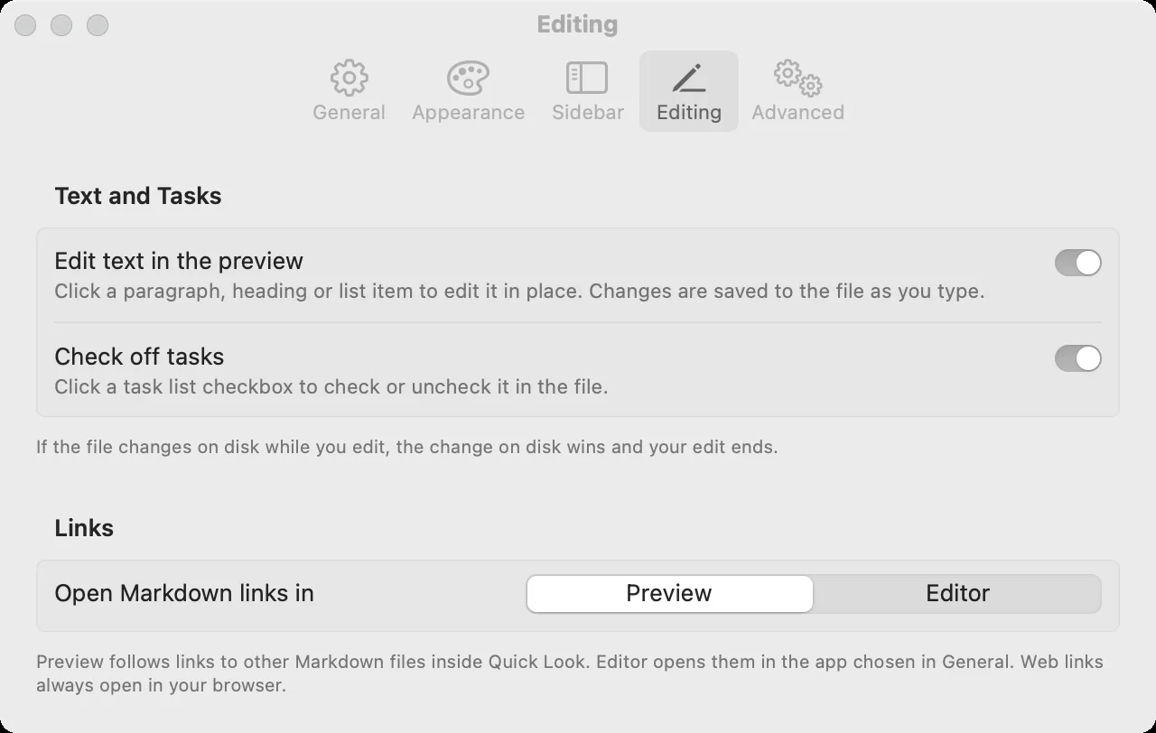 The Editing pane: switches for editing text in the preview and checking off tasks, and whether Markdown links open in the preview or the editor.