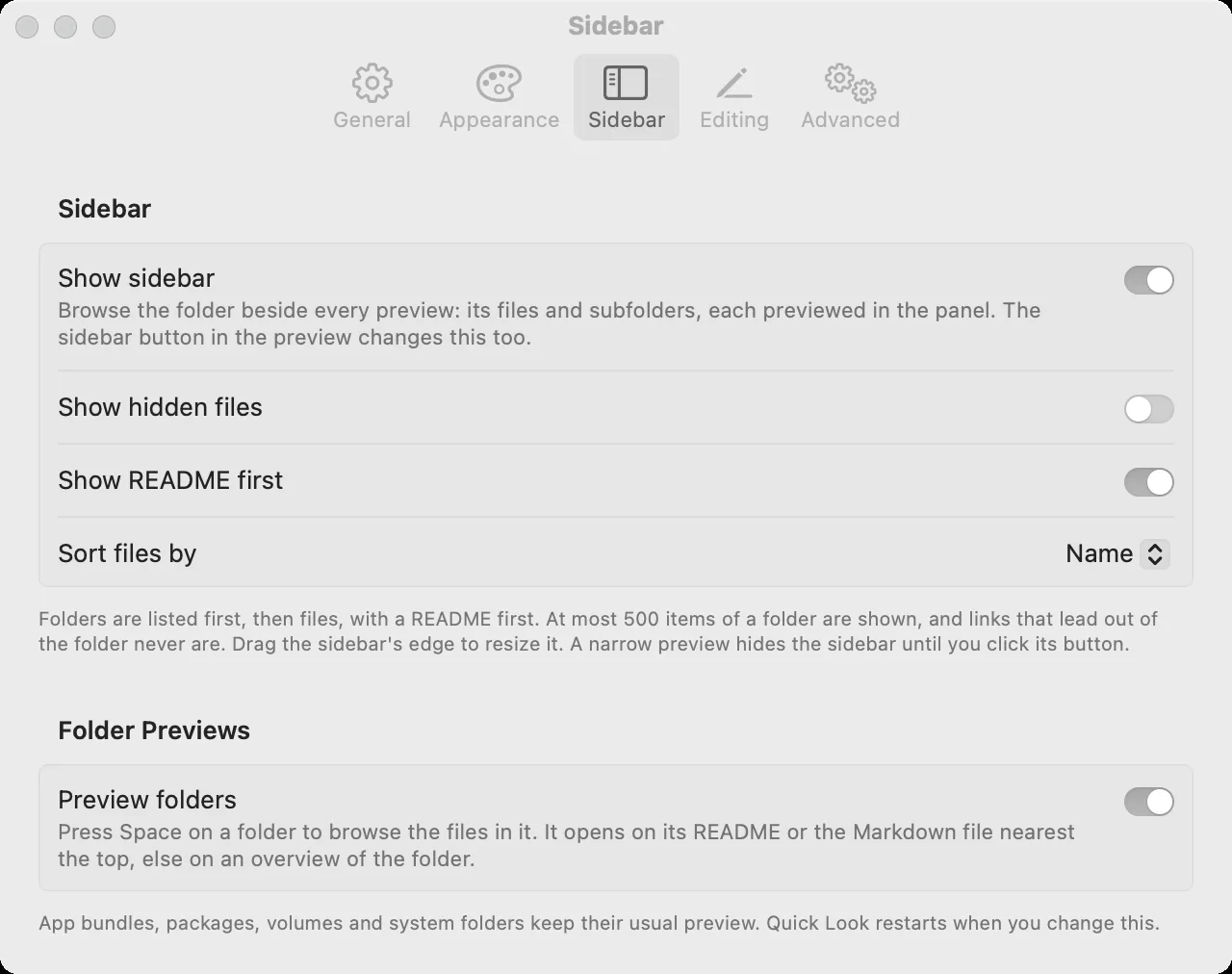 The Sidebar pane: Show sidebar on, Show hidden files off, Show README first on, sort files by name, and a Preview folders switch, on.