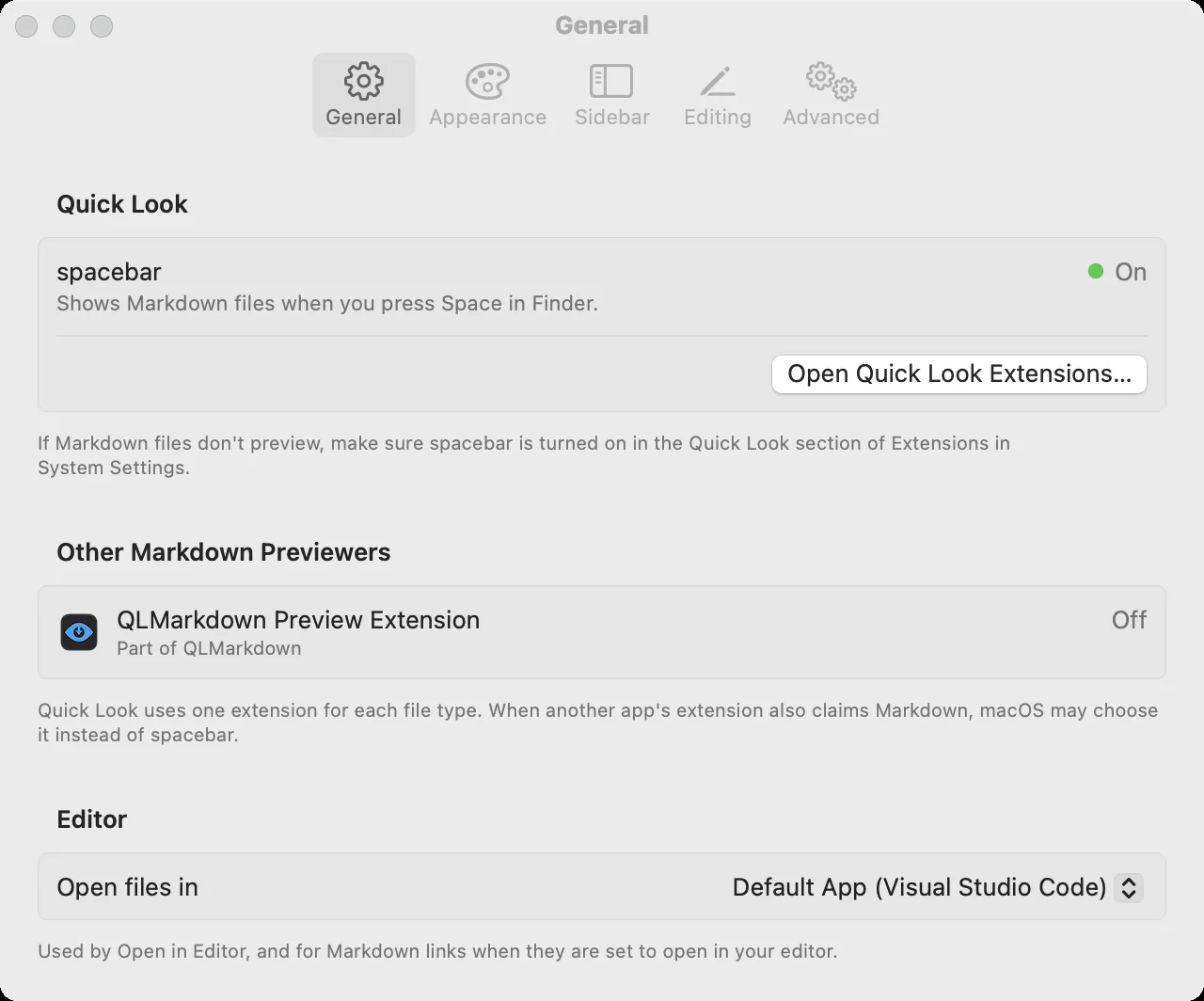 The General pane: spacebar is on, QLMarkdown is listed under other Markdown previewers and switched off, and files open in the default editor.